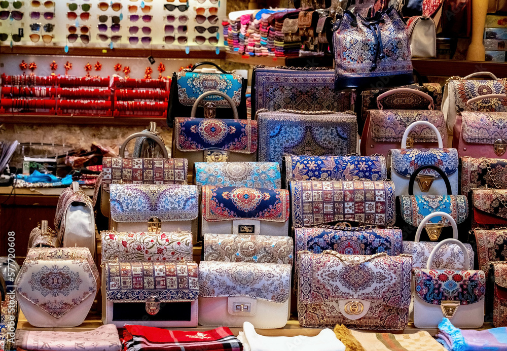 A showcase with Turkish souvenirs. Close-up of handmade handbags with embroidery at the Grand Bazaar in Istanbul.