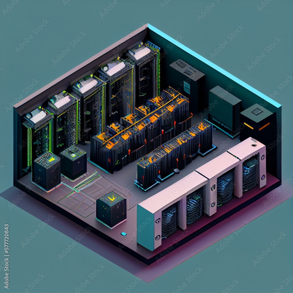 An isometric view of a cloud data center with rows of servers and ...