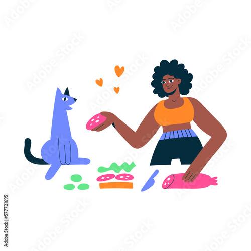 An African American woman with black curly hair makes a sandwich and shares sausage with a cat. Pet lover. Family breakfast. Flat hand drawn vector illustration.