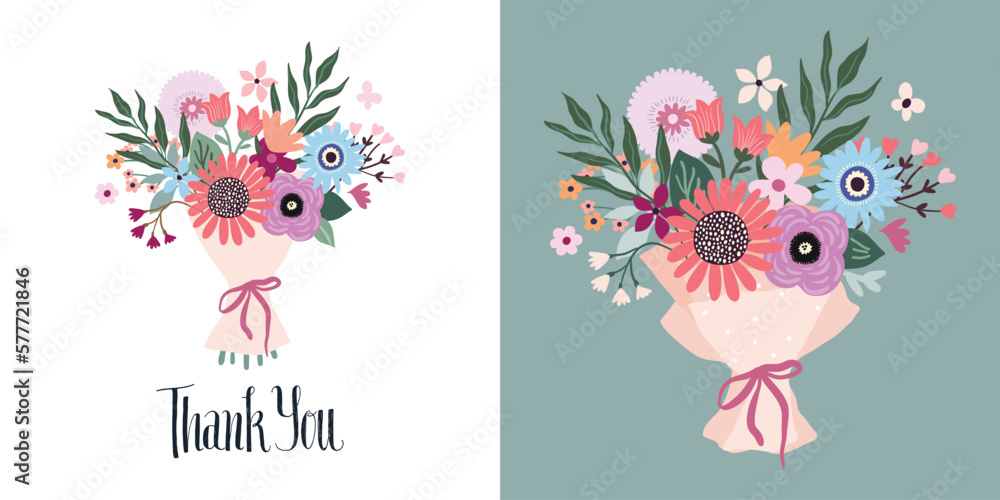 Thank You greeting cards or postcards with flowers bouquet and hand lettering for different celebrations 