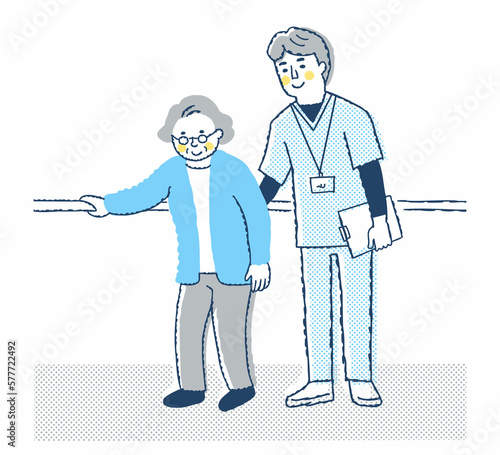 歩行訓練をするシニア女性と介助する男性