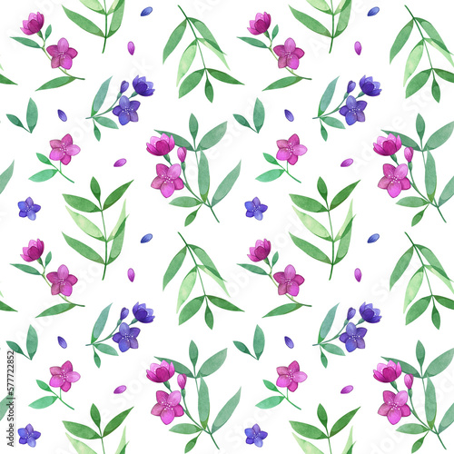 Seamless pattern with watercolor flowers on a white background