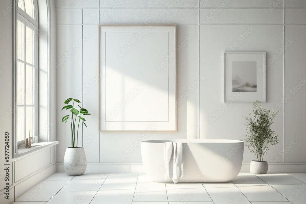 Fototapeta premium Blank picture frame mockup template, bathroom design, clean, minimalist, For wall decor, canvas or poster advertising or marketing.