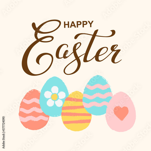 Vector hand drawn silhouette of Easter eggs and Happy easter lettering. Background with text message for banner, card