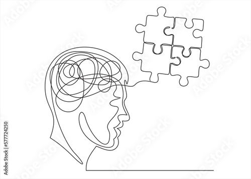 Mental health problem, psychology and business education concept. Vector one line art illustration. Human head profile with jigsaw puzzle by continous line