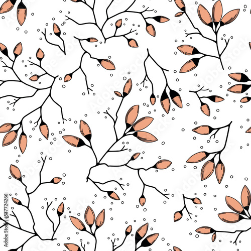 Elegant tree branches floral illustration with peach orange buds and white background. Seamless vector pattern. Feminine and luxurious spring blossom drawing is perfect for textile and surface design.