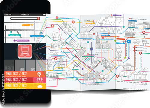 Digital brochure, City transport scheme on mobile application, Public transportation infographic, Vector illustration.