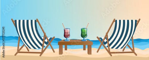 Wide banner. Sea coast, two deck chairs cocktails on the beach, sun sea and sand. Summer vacation in hot countries, beach holidays. Banner for advertising tours, travel, vacation