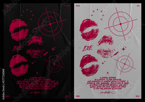 Retro poster silhouettes of female lipstick with aim. Abstract print with paper texture, for streetwear, print for t-shirts and sweatshirts on a black background