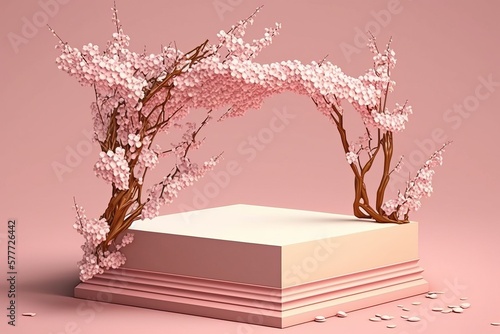 The pink square base has cherry blossoms on top. on a pink background. Premium podium For product advertisement. © supatthanan