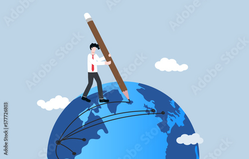 Global business expansion, extending a business into new international markets, company branches or franchise concept in oversea concept, Businessman drawing lines across world map on globe.