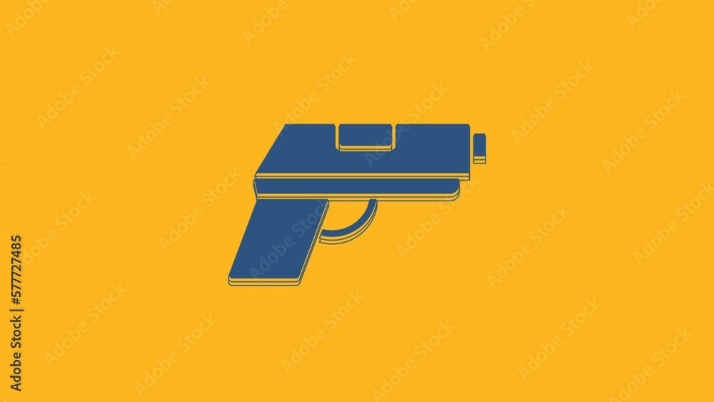 Blue Pistol or gun icon isolated on orange background. Police or military handgun. Small firearm. 4K Video motion graphic animation Blue Pistol or gun icon isolated on orange background. Police or military handgun. Small firearm. 4K Video motion graphic animation