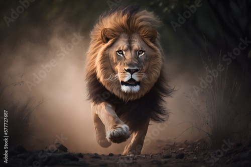 Male lion running towards the camera  dust in the background. Generative AI.