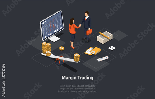 Margin Trading, Risks and Profits Concept. Trader Customer Made Profitable Deal With Broker In Long Position. Characters Trade Forex And Crypto Assets Online. Isometric 3d Cartoon Vector Illustration