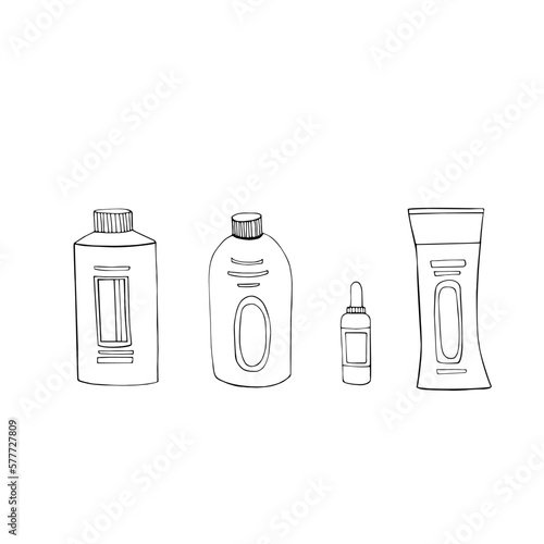 set of tube,bottle, shampoo,jar, cosmetics, comb, black and white line graphics