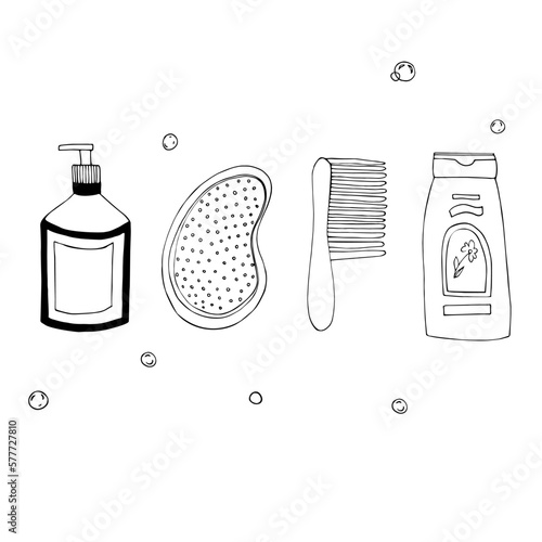set of tube,bottle, shampoo,jar, cosmetics, comb, black and white line graphics