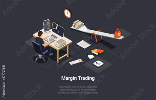 Margin Trading, Risks and Profits Concept. Man Trader Made Profitable Deal With Broker In Long Position. Male Character Trade With Robot Or Assistant At Home. Isometric 3d Cartoon Vector Illustration