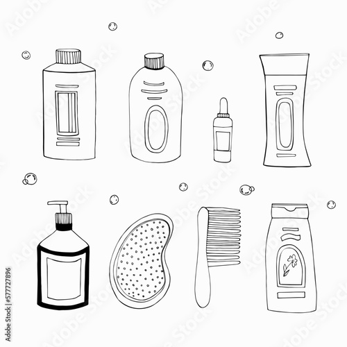 set of tube,bottle, shampoo,jar, cosmetics, comb, black and white line graphics