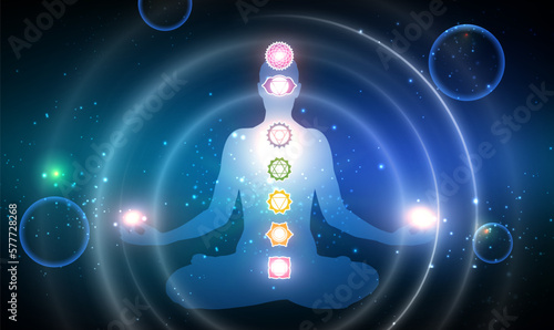 Silhouette of Human sitting in yoga lotus pose and connection to deep meditation. Yoga in the lotus position on meditative space. Meditation chakras. Deep space background with a man meditation.Vector