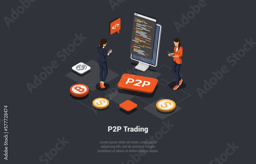 P2P, Peer to Peer Online Platform For Exchanging Cryptocurrency, Financial Technology Concept. Female Characters Use World P2P Platform On Smartphone To Trade Assets. Isometric 3d Vector Illustration