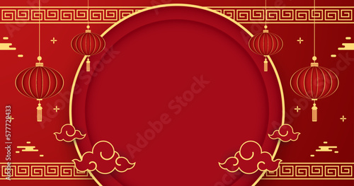 Happy Chinese new year 2024. Chinese new year banner with circle for show product. Greeting card. China frame with lantern on red background.