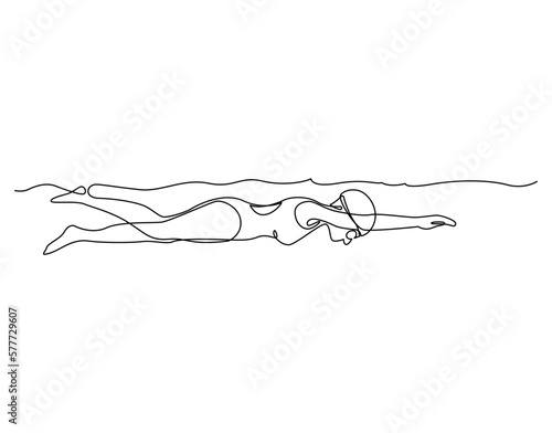 Continuous one line swimmer girl vector.