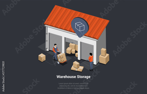 Delivery Date Of Goods, Parcels And Gifts Concept. Storehouse Worker Courier With Cardboard Box On Trolley Issues Product to Customer At Warehouse Storage. Isometric 3D Cartoon Vector Illustration