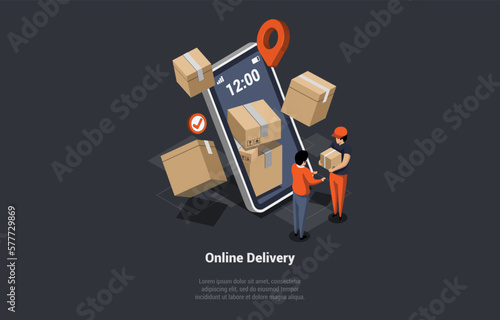 Mobile Application Online For Courier Delivery Home And Office Service Concept. Courier Man With Cardboard Box In Hands Deliver And Give Parcel To Customer. Isometric 3d Cartoon Vector Illustration