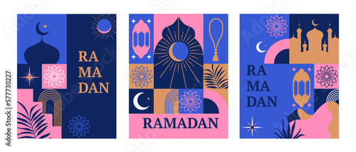 Ramadan kareem banners, flyers. Greeting Ramadan mubarak cards for traditional muslim holiday with symbols lamp, mosque, crescent, rosary for happy celebration. Template for media,web. Vector