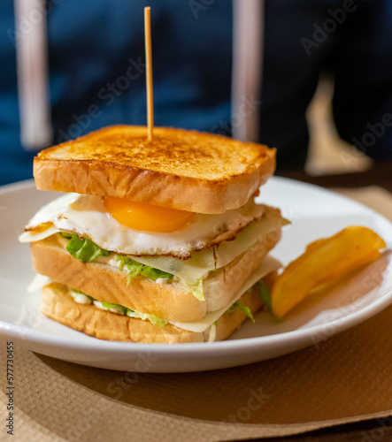 Photography Vegetarian club sandwich with white bread, egg, green lettuce and cheese