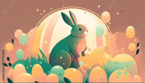 illustration of a big bunny in a green filled with easter eggs  Generative AI