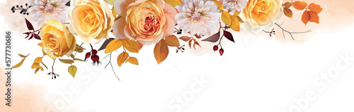 Elegant, floral autumn site banner. Vector fall watercolor yellow peach rose flowers, cream dahlia, burgundy red eucalyptus leaves branches, berry bouquet illustration. Editable frame, border template