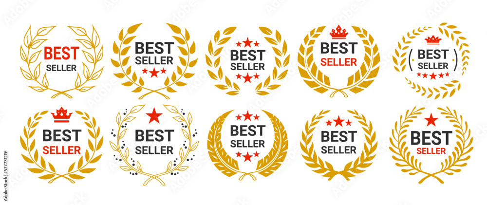 Naklejka premium Best seller golden laurel sign quality guarantee certificate client choice emblem set vector flat