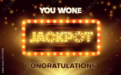 Jackpot golden light illuminated glowing sign you won congratulations banner realistic vector
