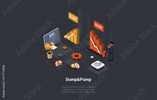 Forex, Stock Market Practice of Inflating Stock Prices to Produce Value, Dump And Pump. Man Market Maker With Pallet Jack Is Moving Price On Stock Market Exchange. Isometric 3d Vector Illustration