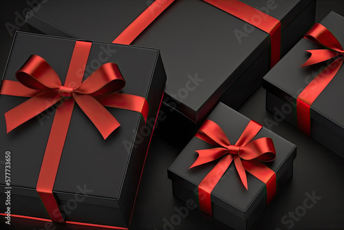 top view of a black gift box with a red bow isolated on black background. Generative AI