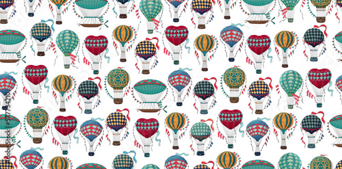 Vintage hot air balloon pattern. Different balloon aerostat print. Color air balloons texture. Large bag filled with hot gas and basket. Flying transport. Hand drawn vintage style flight airship. 