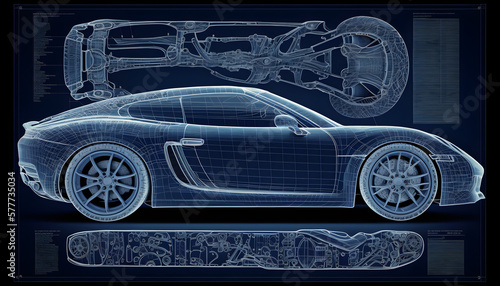 very technical and detailed blueprint of a side view super sport car