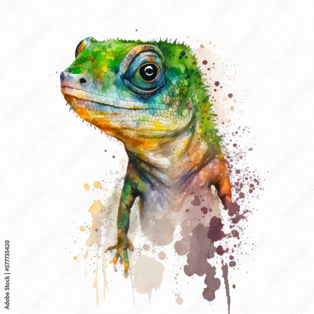 Abstract watercolor illustration of a wild lizard on white background. Colorful painting of exotic reptile in aquarelle style. Generative AI art. Abstract watercolor illustration of a wild lizard on white background. Colorful painting of exotic reptile in aquarelle style. Generative AI art.