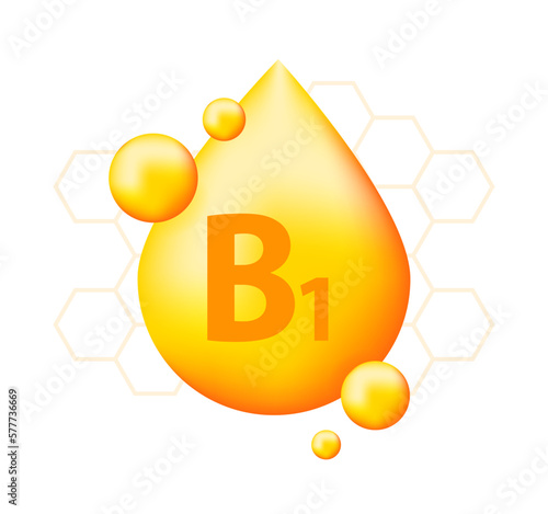 Vitamin B1 with realistic drop. Particles of vitamins in the middle.