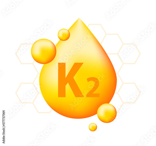Vitamin K2 with realistic drop. Particles of vitamins in the middle