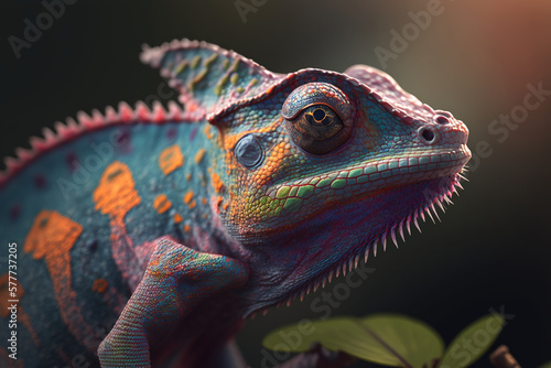 Multicolored chameleon close-up. AI generated