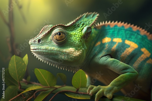 Green colored chameleon close up. AI generated