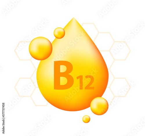 Vitamin b12 with realistic drop. Particles of vitamins in the middle