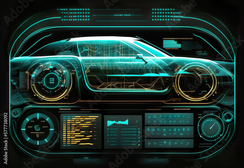 Technology to facilitate servicing in the future. Futuristic car user interface. Abstract virtual graphic touch screen user interface. AI generated illustration.