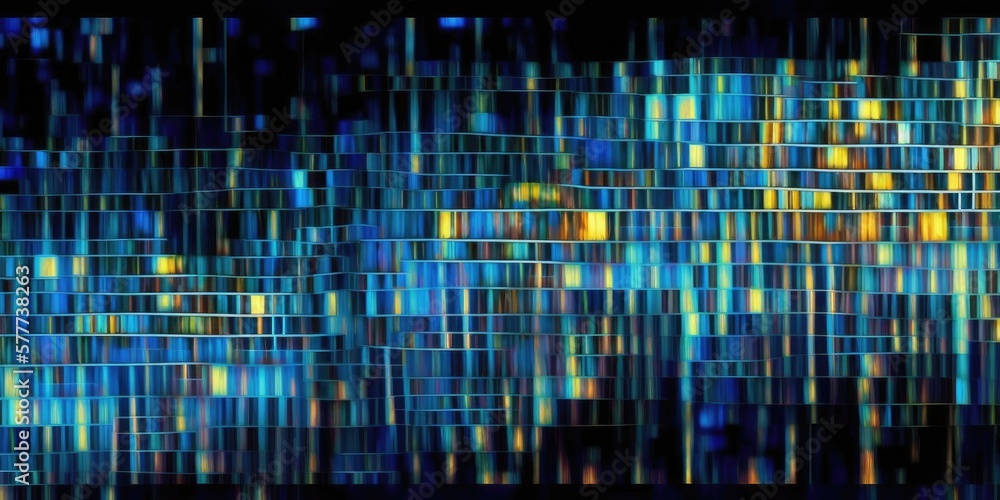 Wide abstract background with blue and yellow pixels, big data processing of information. Generative ai. Wide abstract background with blue and yellow pixels, big data processing of information. Generative ai.