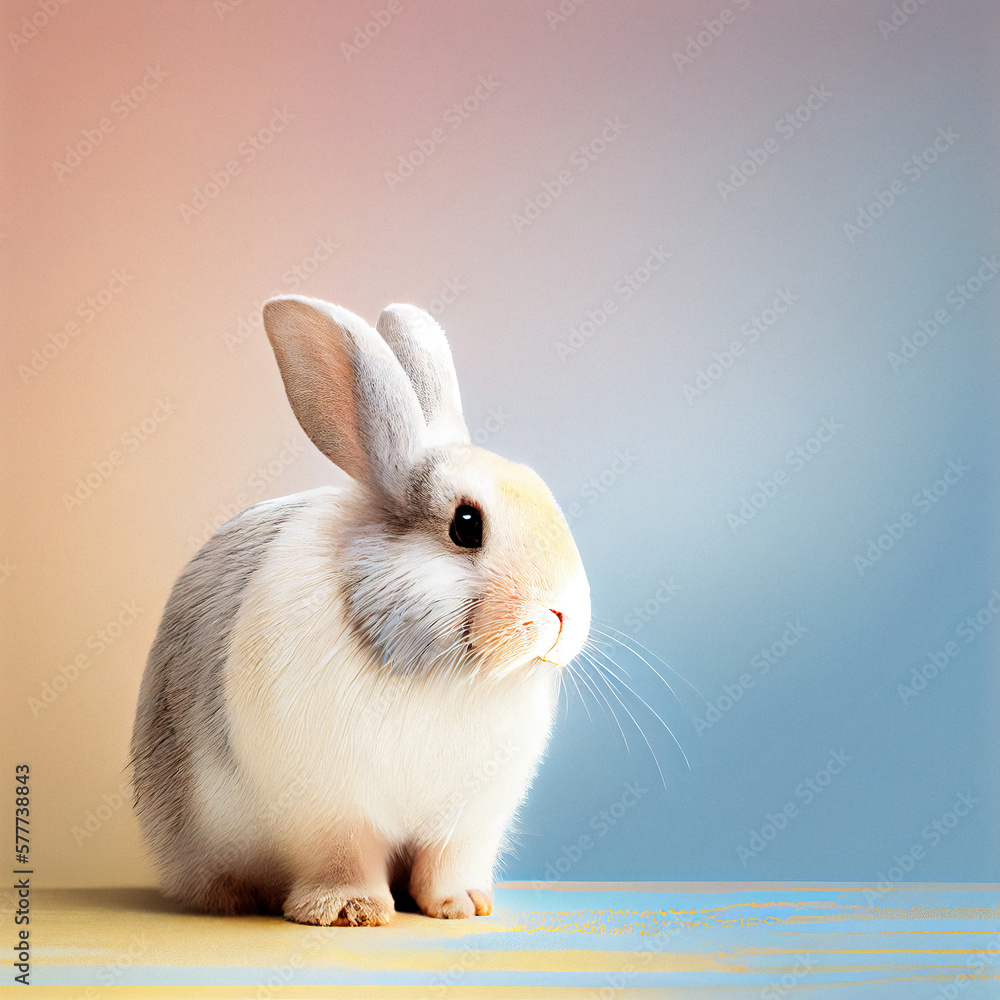 Generative AI image illustration of a cute, fluffy Easter bunny on a plain wall background with pastel colors blue, pink and orange, yellow with copy space for text for Easter cards Generative AI image illustration of a cute, fluffy Easter bunny on a plain wall background with pastel colors blue, pink and orange, yellow with copy space for text for Easter cards
