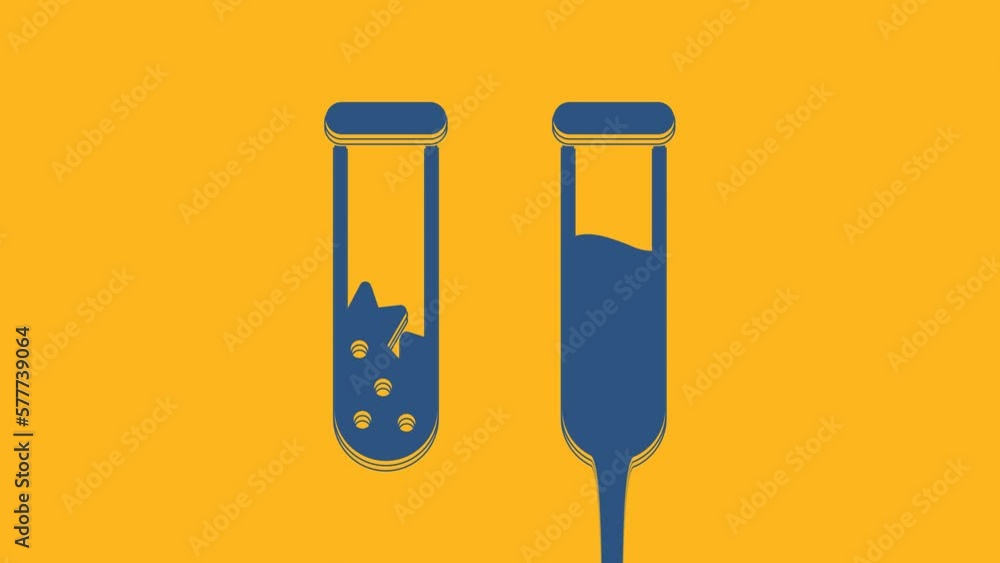 Blue Test tube and flask - chemical laboratory test icon isolated on orange background. Laboratory glassware sign. 4K Video motion graphic animation Blue Test tube and flask - chemical laboratory test icon isolated on orange background. Laboratory glassware sign. 4K Video motion graphic animation