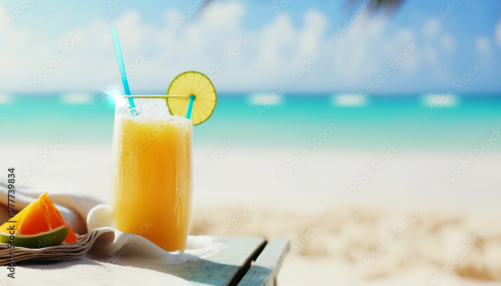 A delicious cold cocktail drink with a colorful umbrella and tropical fruits served on a white sandy beach. Generative AI creates a refreshing atmosphere perfect for a hot summer day. Generative AI A delicious cold cocktail drink with a colorful umbrella and tropical fruits served on a white sandy beach. Generative AI creates a refreshing atmosphere perfect for a hot summer day. Generative AI