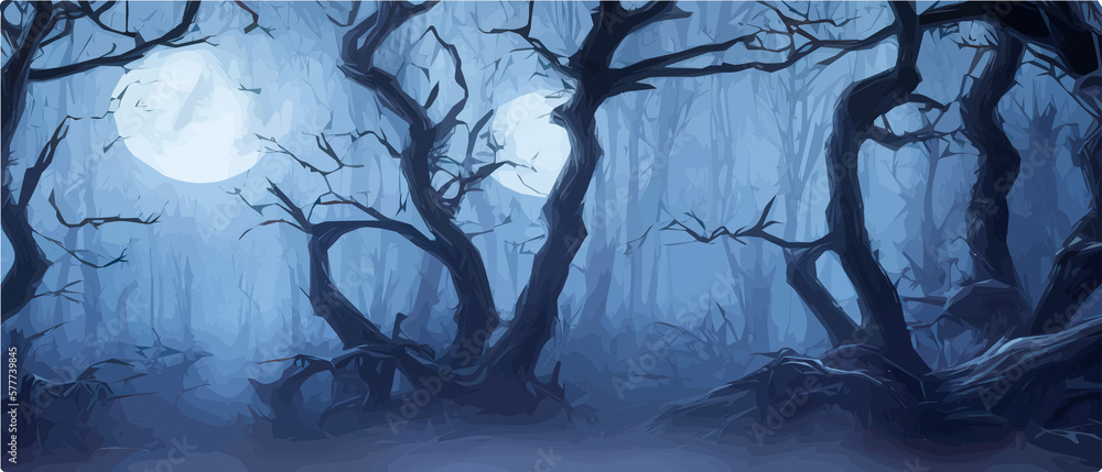 Silhouettes of trees in a dark night forest with a blue tint of fog ...